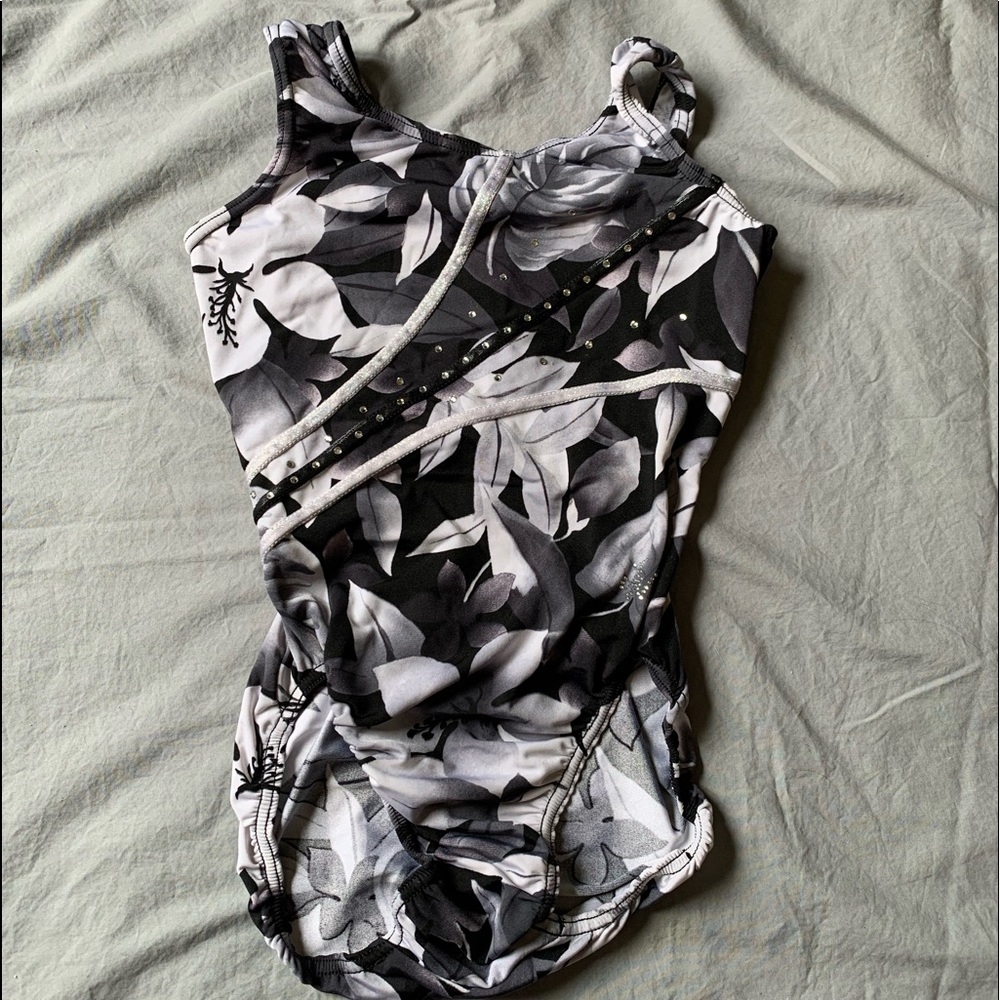 Jam Wear Black/Gray/White Palm Leaf Sequin Gymnastics Leotard